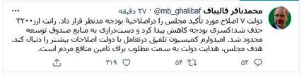 توییت قالیباف پس از تصویب کلیات بودجه سال ٩٩ در مجلس