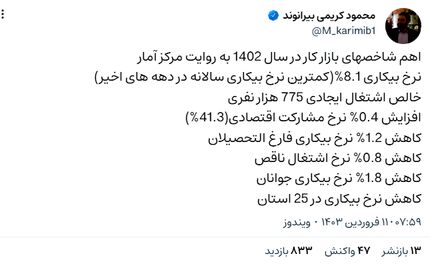 معاون وزارت کار: نرخ بیکاری به ۸.۱ درصد کاهش یافت