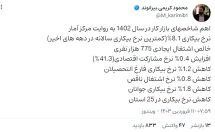 معاون وزارت کار: نرخ بیکاری به ۸.۱ درصد کاهش یافت