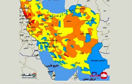 نقشه رنگ‌بندی: شهرهای وضعیت قرمز و آبی کرونایی افزایش یافت