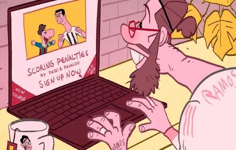 کارتون| راموس به کلاس پنالتی رونالدو و مسی می‌رود