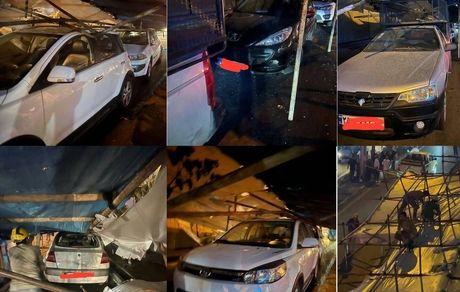  ریزش داربست یک ساختمان روی ۵ خودرو در خیابان آفریقا