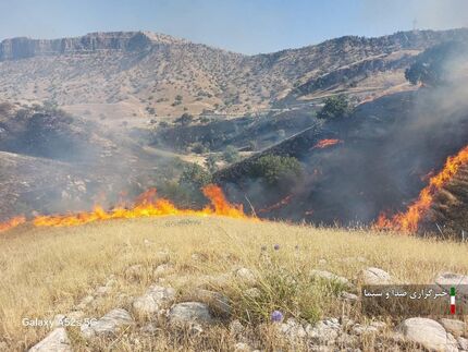 آتش سوزی در جنگل‌ها و مراتع منطقه «شلال دون» شهرستان باشت