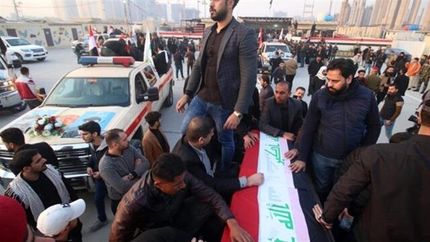 پیکرهای سردار سلیمانی و شهدای حشد شعبی وارد منطقه الجادریه بغداد شد