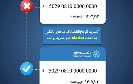 تمدید تاریخ انقضای کارت‌های بانک توسعه تعاون به مدت سه ماه