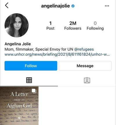 ورود آنجلینا جولی به اینستاگرام بخاطر افغانستان/ ۴.۳ میلیون دنبال کننده در کمتر از یک روز