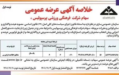 آغاز واگذاری بلوک ۵۱ درصدی سهام باشگاه پرسپولیس