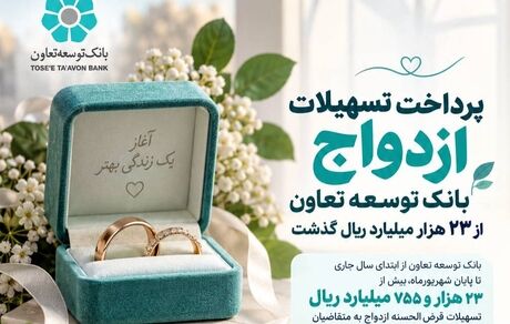 پرداخت تسهیلات ازدواج بانک توسعه تعاون از ۲۳ هزار میلیارد ریال گذشت
